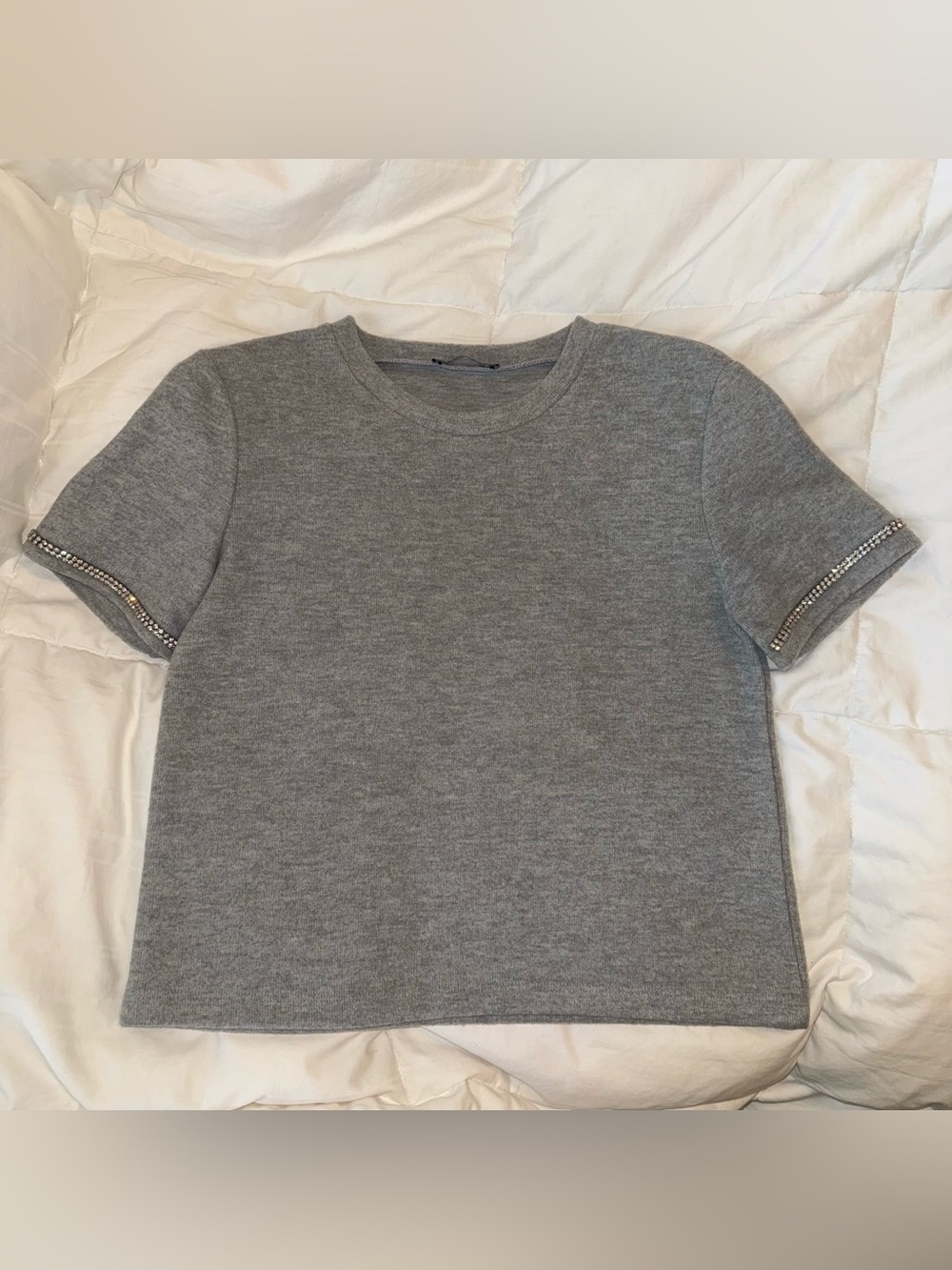 Zara Gray Short Sleeve Knit Top with Embellished Cuffs